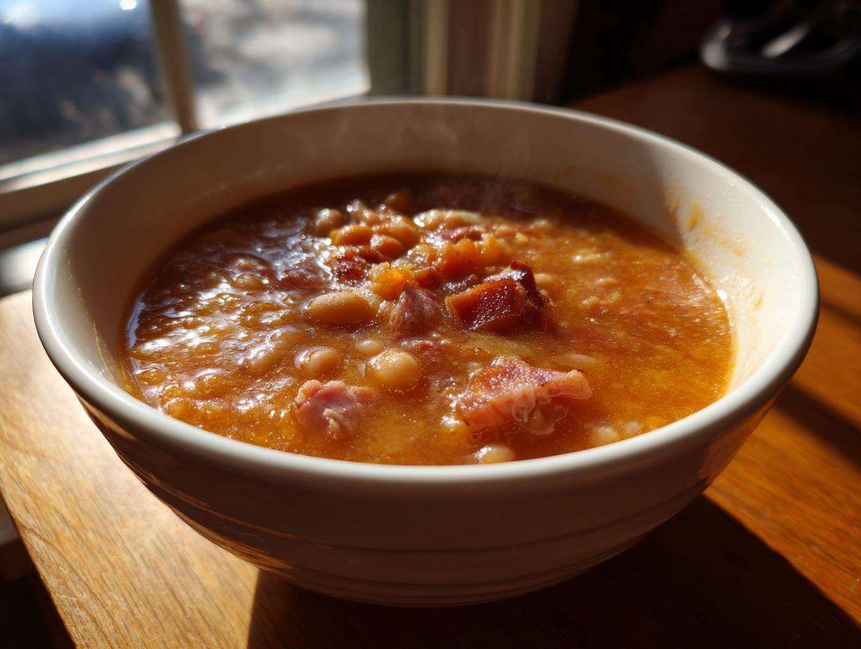 Close-up of a steaming white bowl filled with hearty navy bean soup featuring chunks of ham.