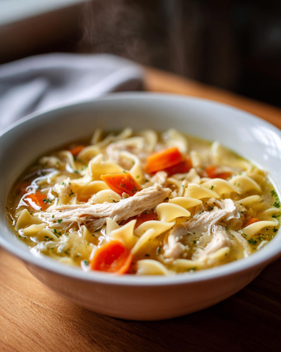 Close-up of a steaming white bowl filled with slow cooker chicken noodle soup, featuring egg noodles, shredded chicken, and bright carrots.