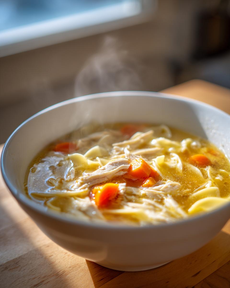 Close-up of a steaming white bowl filled with rich broth, shredded chicken, egg noodles, and carrots, representing slow cooker chicken noodle soup.