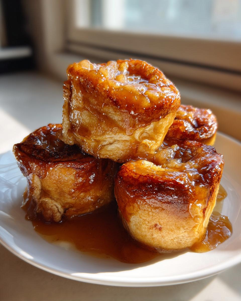 Four sticky, glazed apple dumpling pastries stacked on a white plate, glistening in the sunlight.