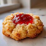 A single, textured strawberry cheesecake cookie topped with bright red strawberry jam, sitting on a light surface.