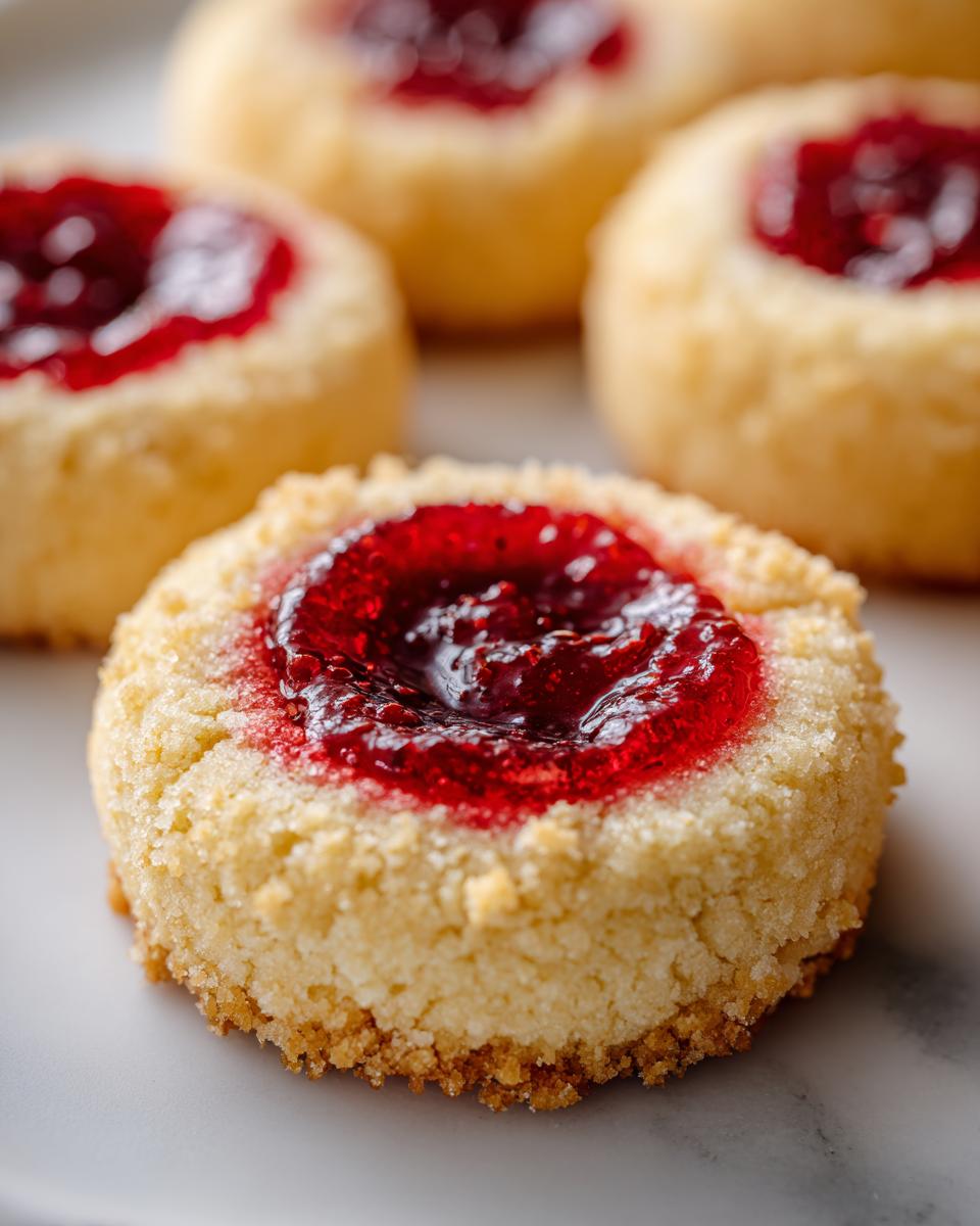 Close-up of a freshly baked strawberry cheesecake cookie with a bright red jam center.