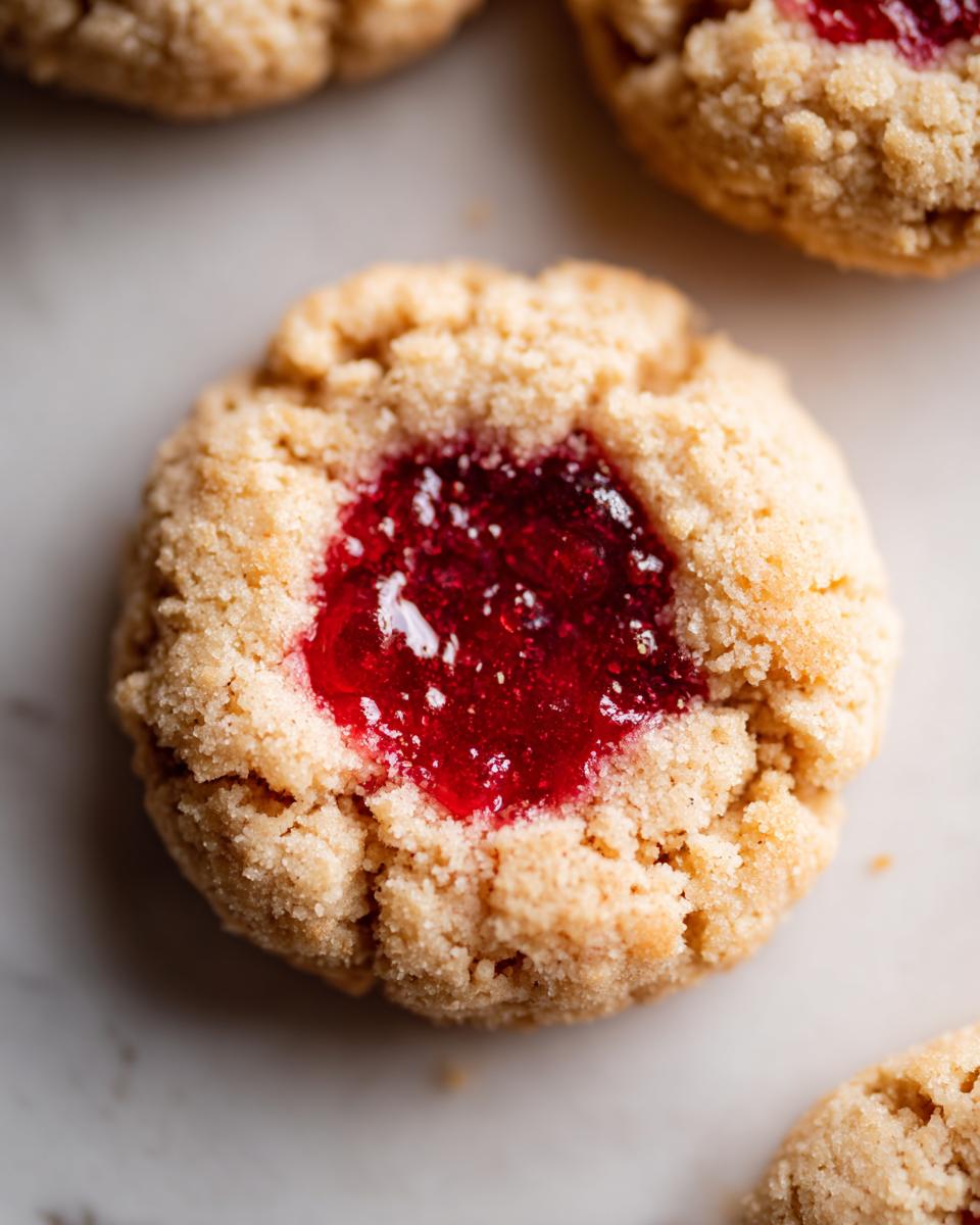 Extreme close-up of a single, textured strawberry cheesecake cookie with a bright red strawberry jam center.