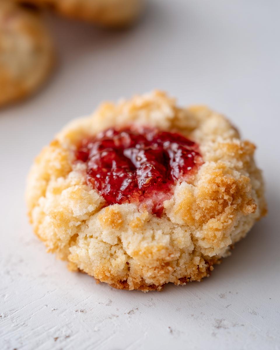 A single, textured strawberry cheesecake cookie with a bright red strawberry jam center, resting on a white surface.
