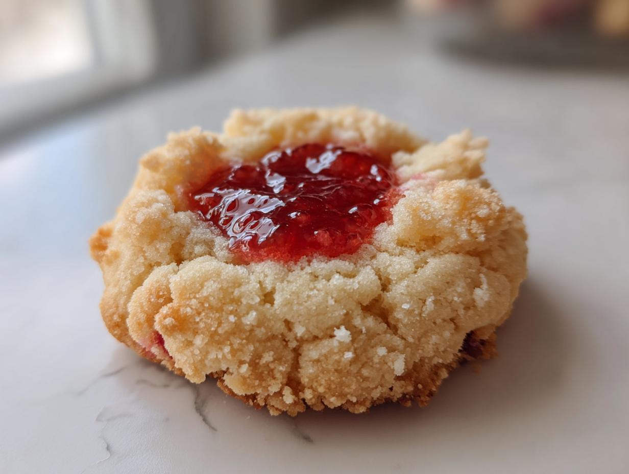 A close-up, macro shot of a single, crumbly strawberry cheesecake cookie topped with glistening red strawberry jam.