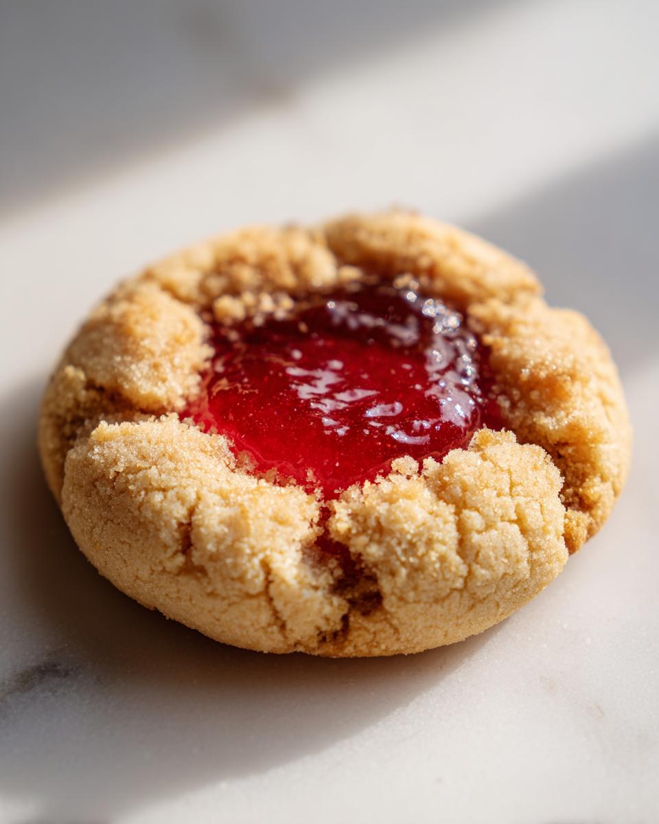 A single, textured thumbprint cookie filled with bright red strawberry jam, representing strawberry cheesecake cookies.