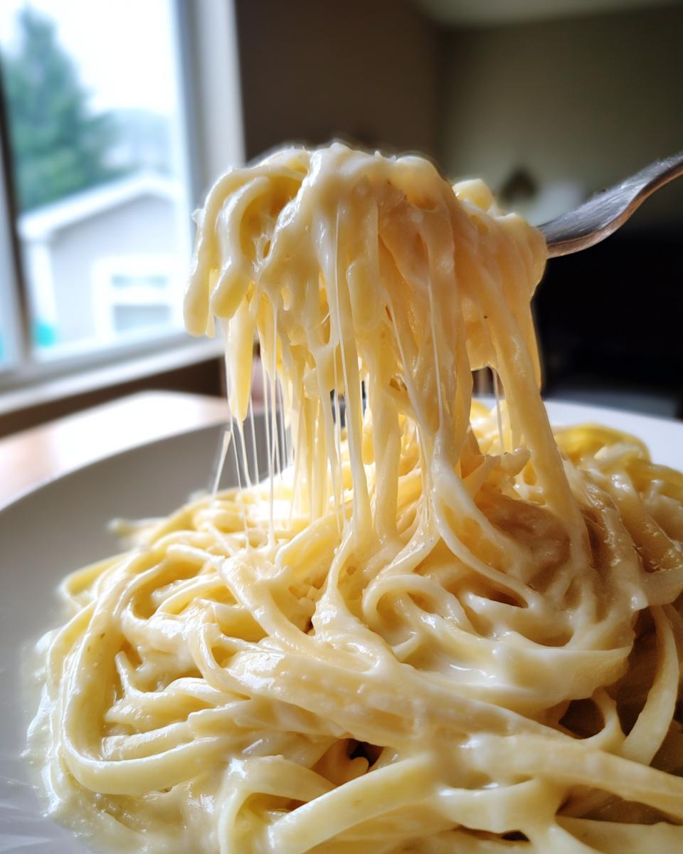 Close-up of fettuccine noodles being lifted by a fork, showing long, stretchy strands coated in creamy olive garden alfredo sauce.