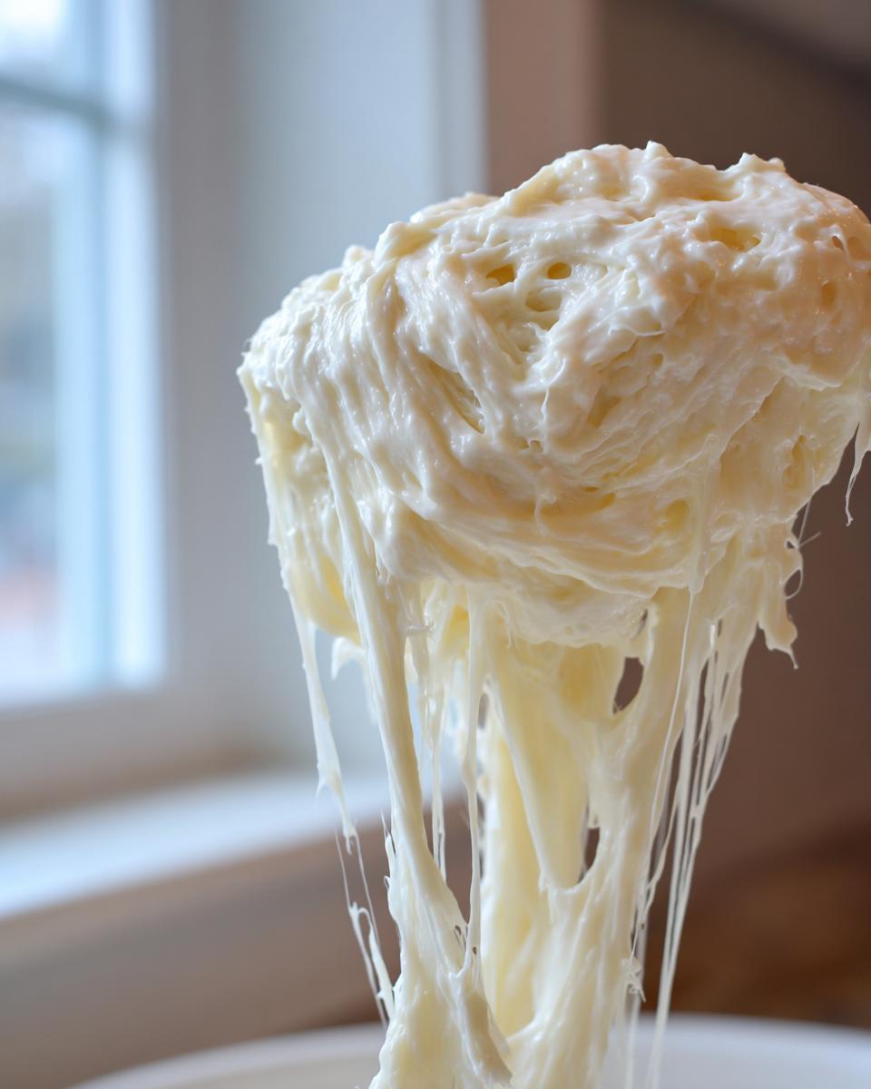 A close-up shot showing the thick, creamy, and stretchy texture of homemade olive garden alfredo sauce being lifted.