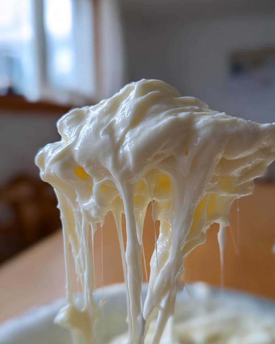 Close-up of thick, creamy, and stretchy homemade olive garden alfredo sauce dripping from a utensil.