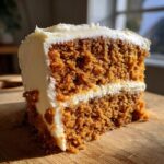 Close-up of a moist slice of spice cake showing two layers and thick cream cheese frosting.