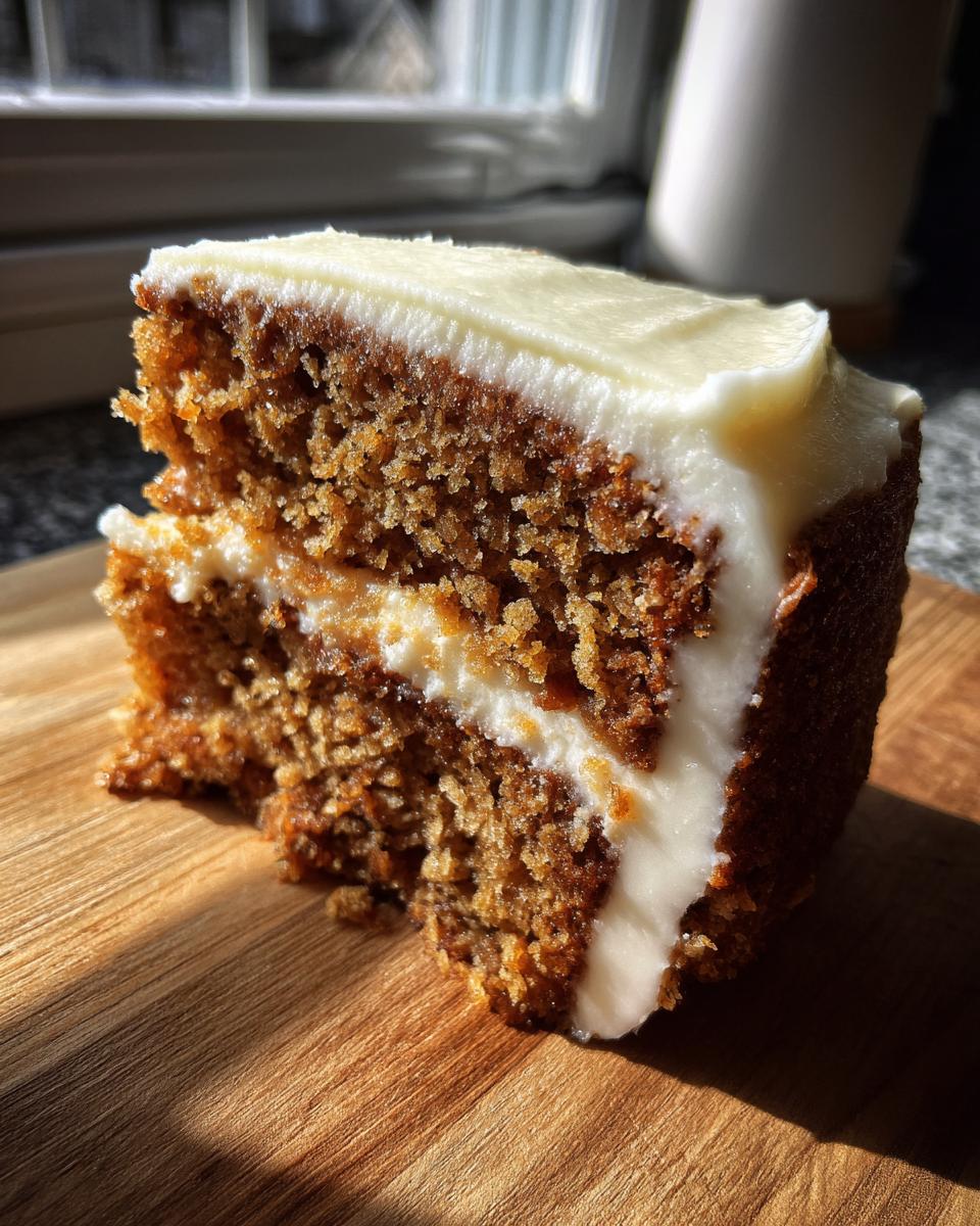 A close-up slice of super moist spice cake layered with thick cream cheese frosting, sitting on a wooden board.