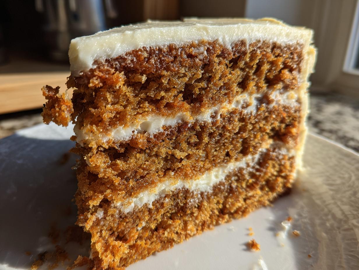 Close-up of a thick slice of multi-layered spice cake showing moist crumb and cream cheese frosting layers.