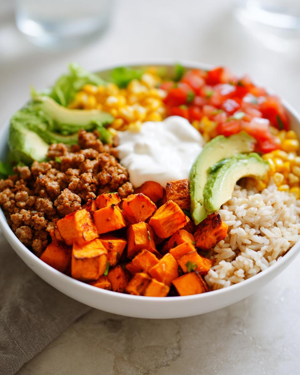 A vibrant sweet potato taco bowl featuring roasted sweet potatoes, ground meat, brown rice, avocado, corn, salsa, and sour cream.