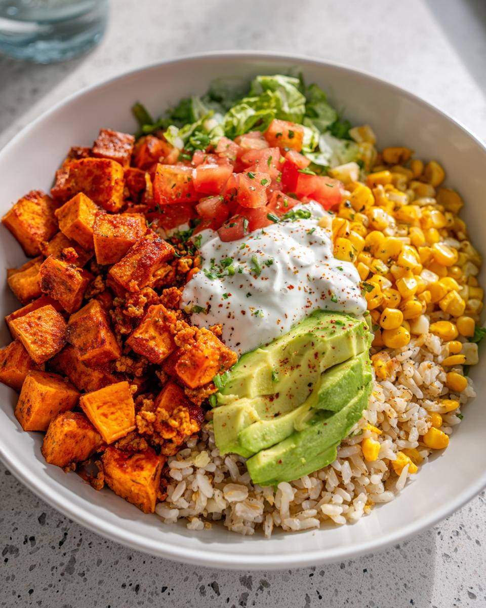 A vibrant sweet potato taco bowl featuring seasoned sweet potato cubes, brown rice, corn, avocado slices, and sour cream.