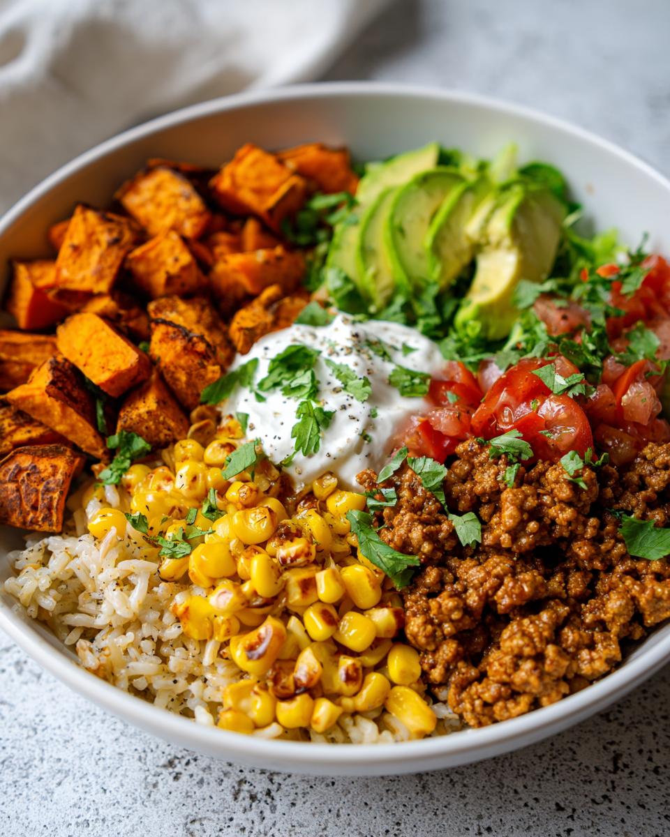 A vibrant sweet potato taco bowl featuring roasted sweet potatoes, brown rice, seasoned ground meat, corn, avocado, tomatoes, and sour cream.