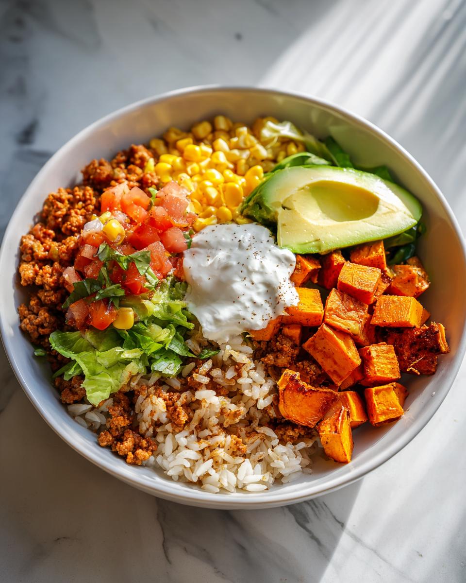 A vibrant sweet potato taco bowl featuring seasoned ground meat, rice, roasted sweet potatoes, corn, avocado, and sour cream.