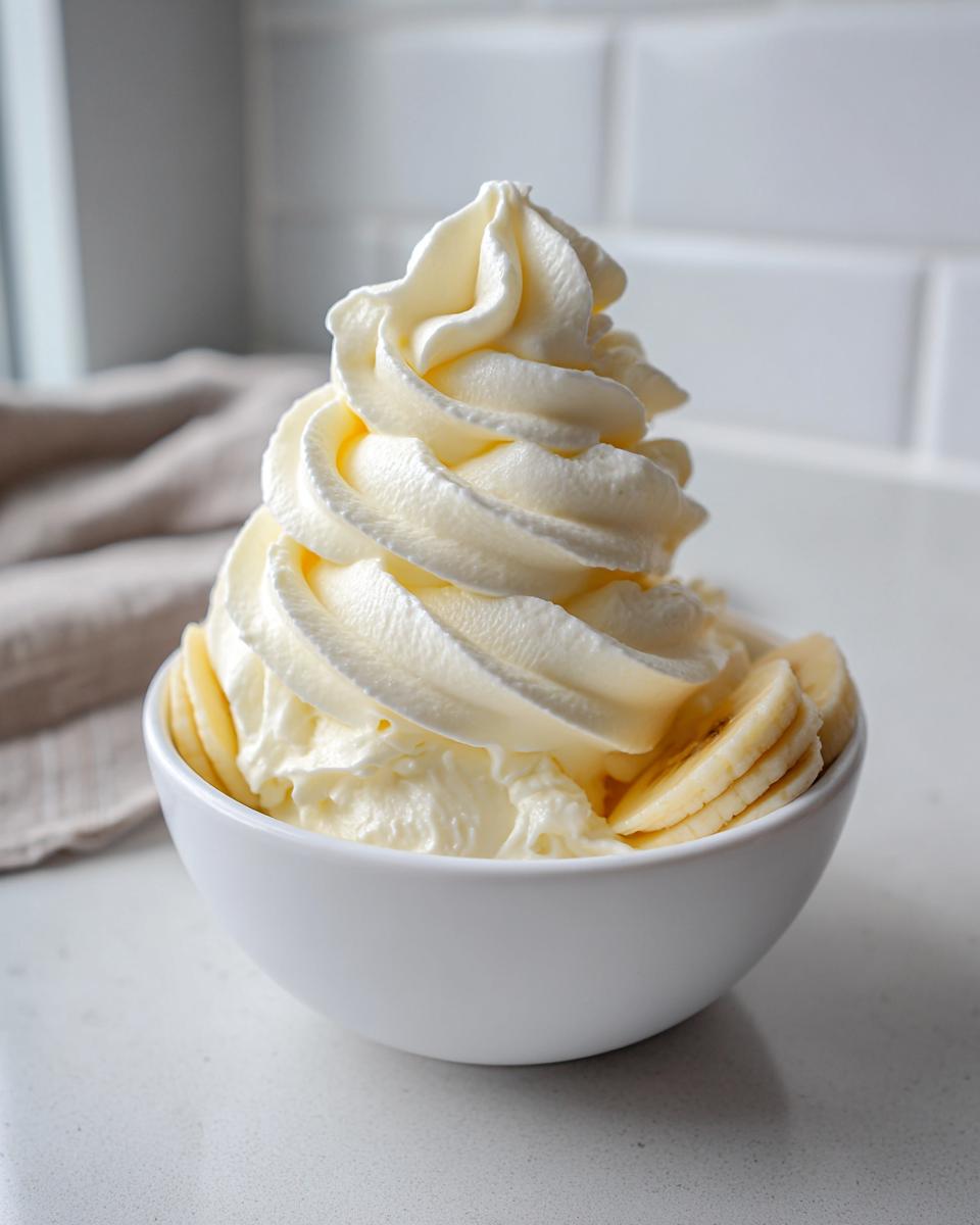 A perfect swirl of creamy banana ice cream served in a white bowl with sliced bananas around the edge.