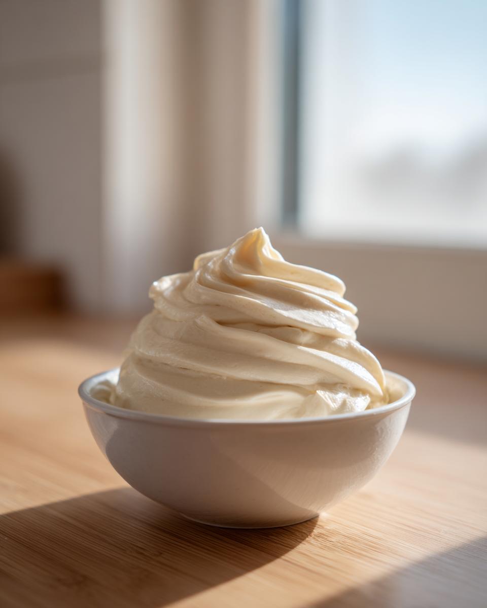 Close-up of a perfectly swirled portion of creamy 3-ingredient fruit dip in a small white bowl.