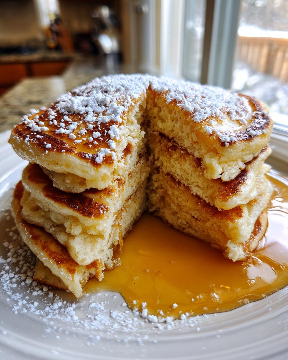 A stack of four tall, fluffy pancakes cut in half, drizzled with syrup and dusted with powdered sugar.