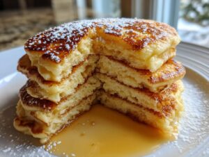 A stack of four incredibly fluffy pancakes cut to show the airy interior, drizzled with syrup and dusted with powdered sugar.