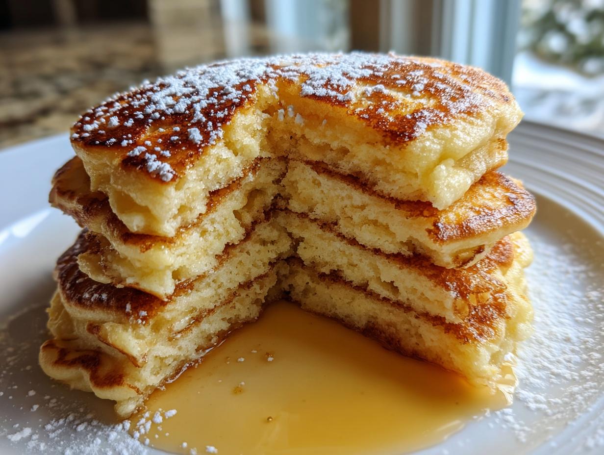 A stack of four incredibly fluffy pancakes cut to show the airy interior, drizzled with syrup and dusted with powdered sugar.
