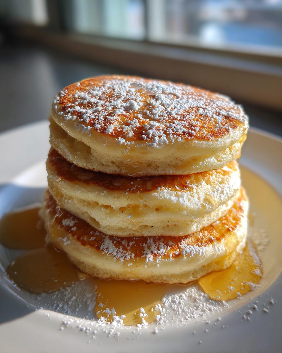 A close-up of three thick, fluffy pancakes stacked high, drizzled with syrup and dusted with powdered sugar.