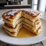 A tall stack of four fluffy pancakes, cut to show the airy interior, drizzled with syrup and dusted with powdered sugar.