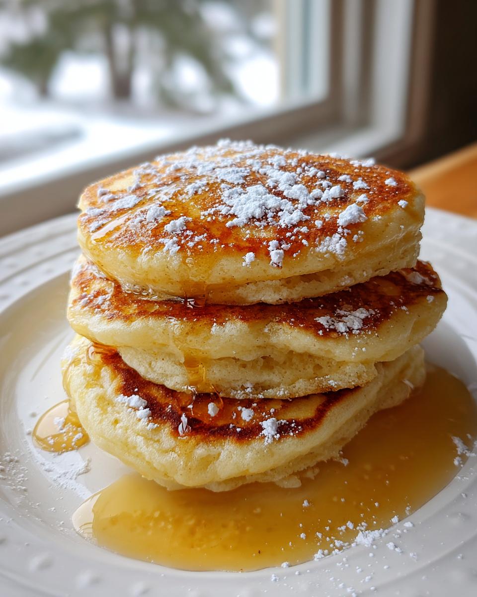 A close-up of three tall fluffy pancakes stacked high, drizzled with syrup and dusted with powdered sugar.