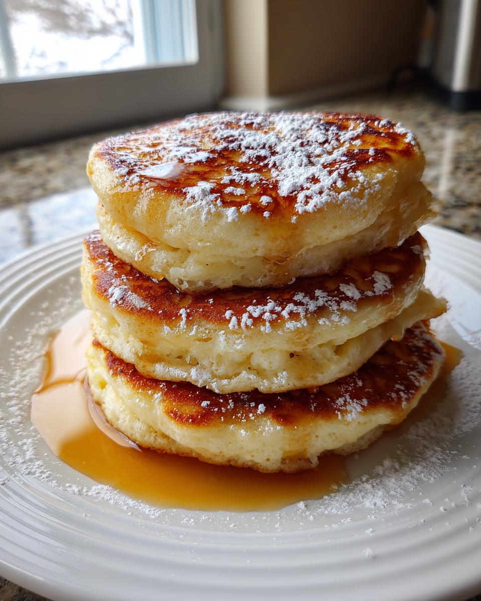 A stack of four incredibly fluffy pancakes drizzled with syrup and dusted with powdered sugar.