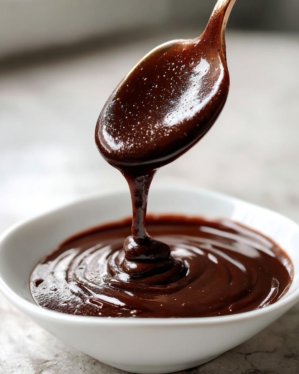A close-up of thick, rich homemade brown gravy dripping from a spoon back into a white bowl.
