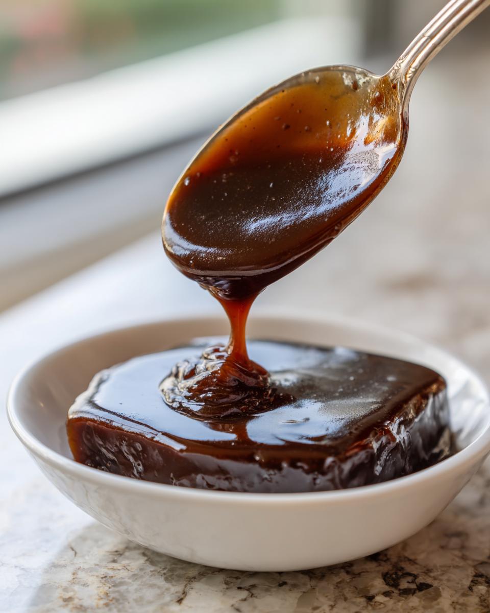 A spoonful of thick, rich homemade brown gravy is being poured over a serving in a white bowl.
