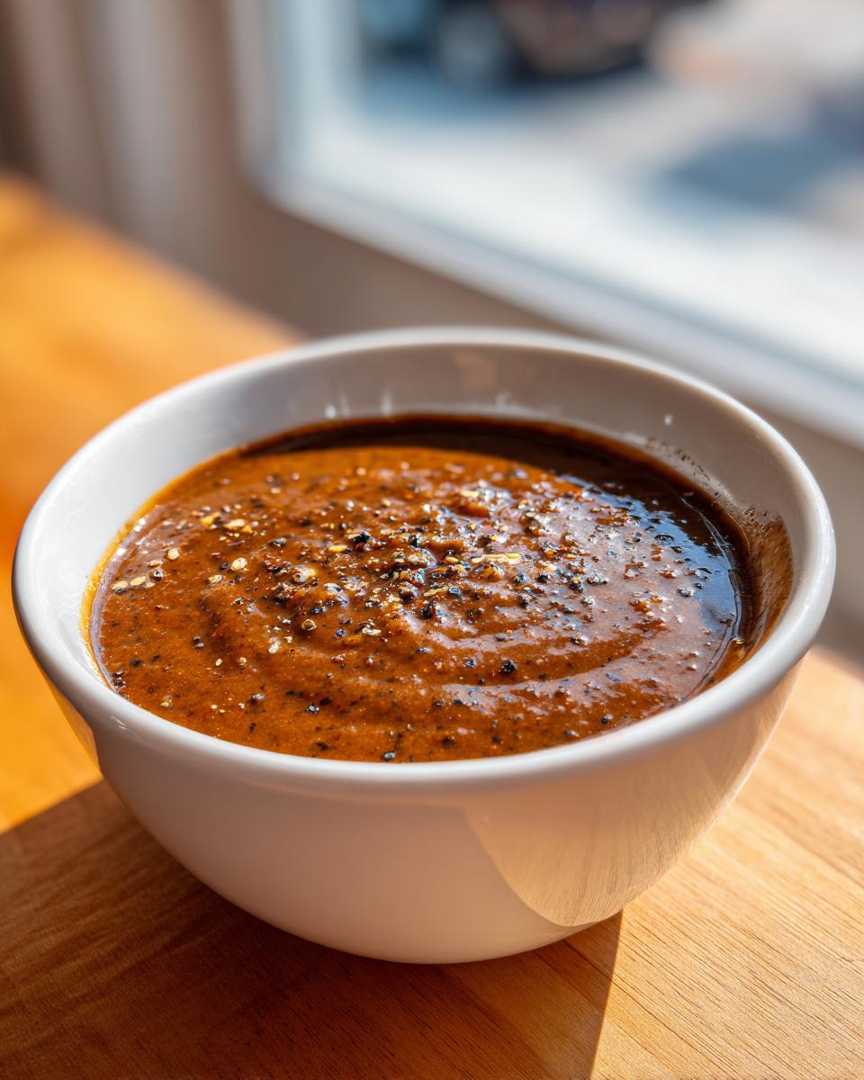 Close-up of thick, rich black bean soup in a white bowl, topped with cracked black pepper.