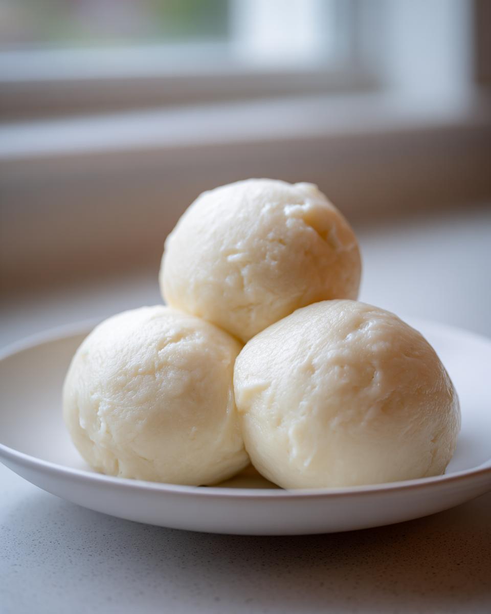 Three smooth, pale yellow balls of freshly made fufu dough stacked slightly on a white plate.