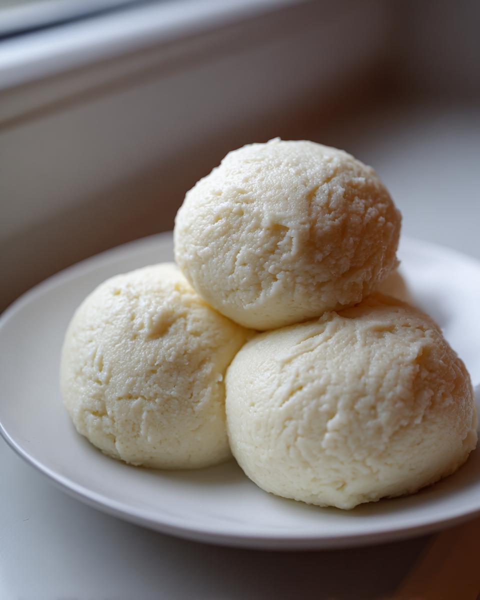 Three smooth, pale yellow balls of freshly made fufu dough stacked on a white plate.