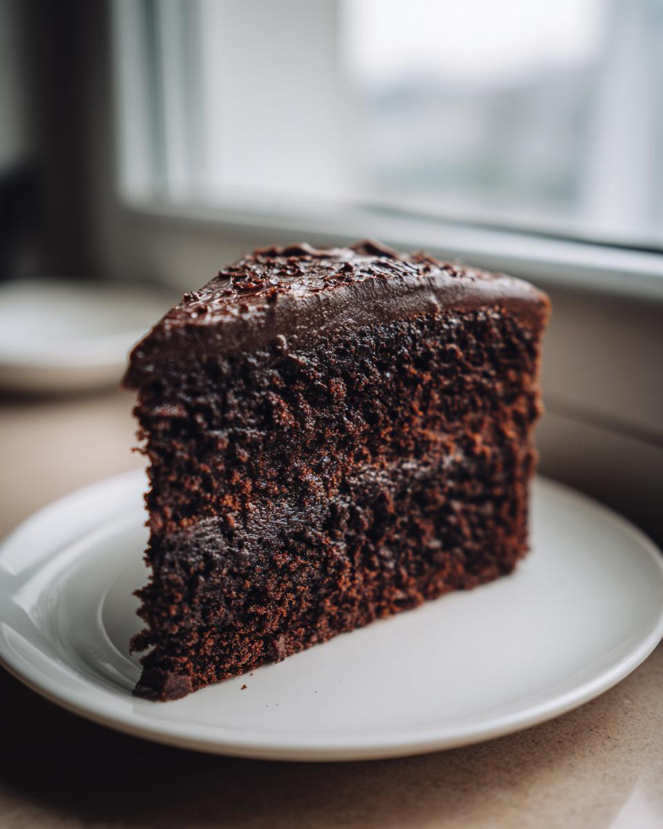 Close-up of a rich slice of ultra moist chocolate cake topped with dark chocolate ganache and sprinkles.