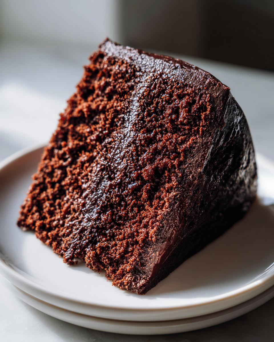 Close-up of a rich, dark slice of ultra moist chocolate cake covered in glossy chocolate frosting.