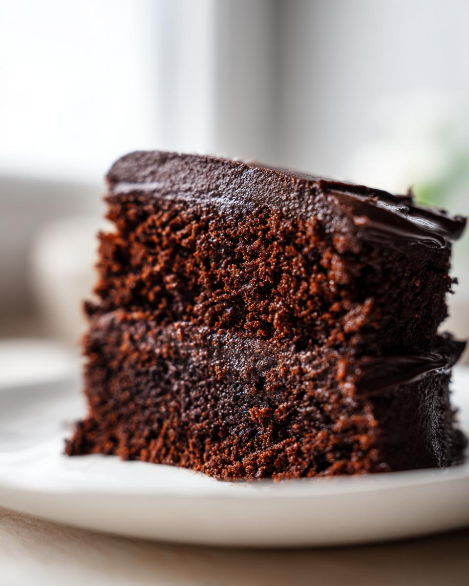 Close-up of a rich, dark slice of ultra moist chocolate cake layered with glossy chocolate frosting.