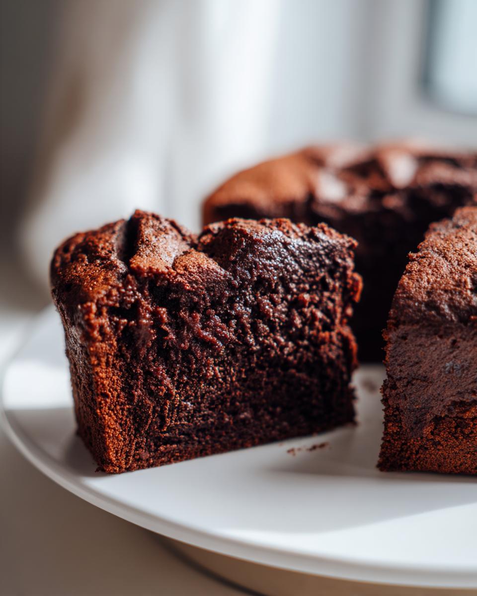 Close-up of a rich, dark slice showing the texture of the ultra moist chocolate cake on a white plate.