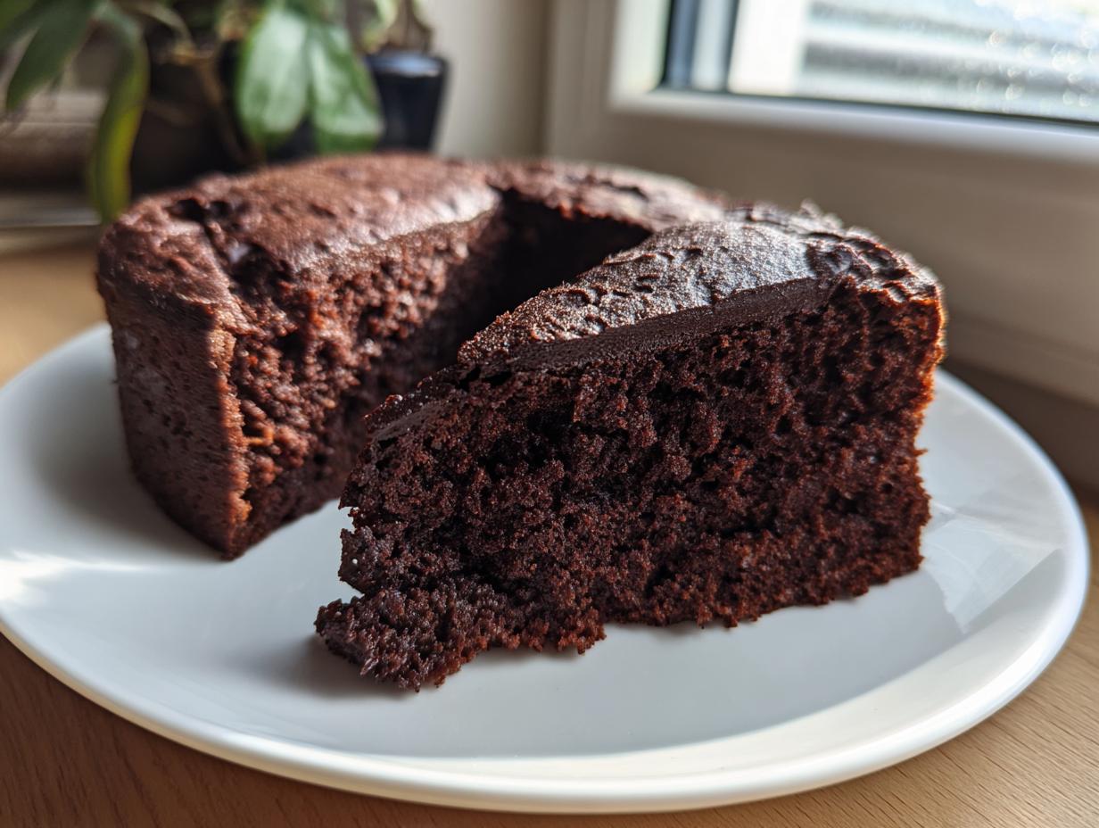 Close-up of a slice of ultra moist chocolate cake showing its dark, rich crumb texture next to the main cake.