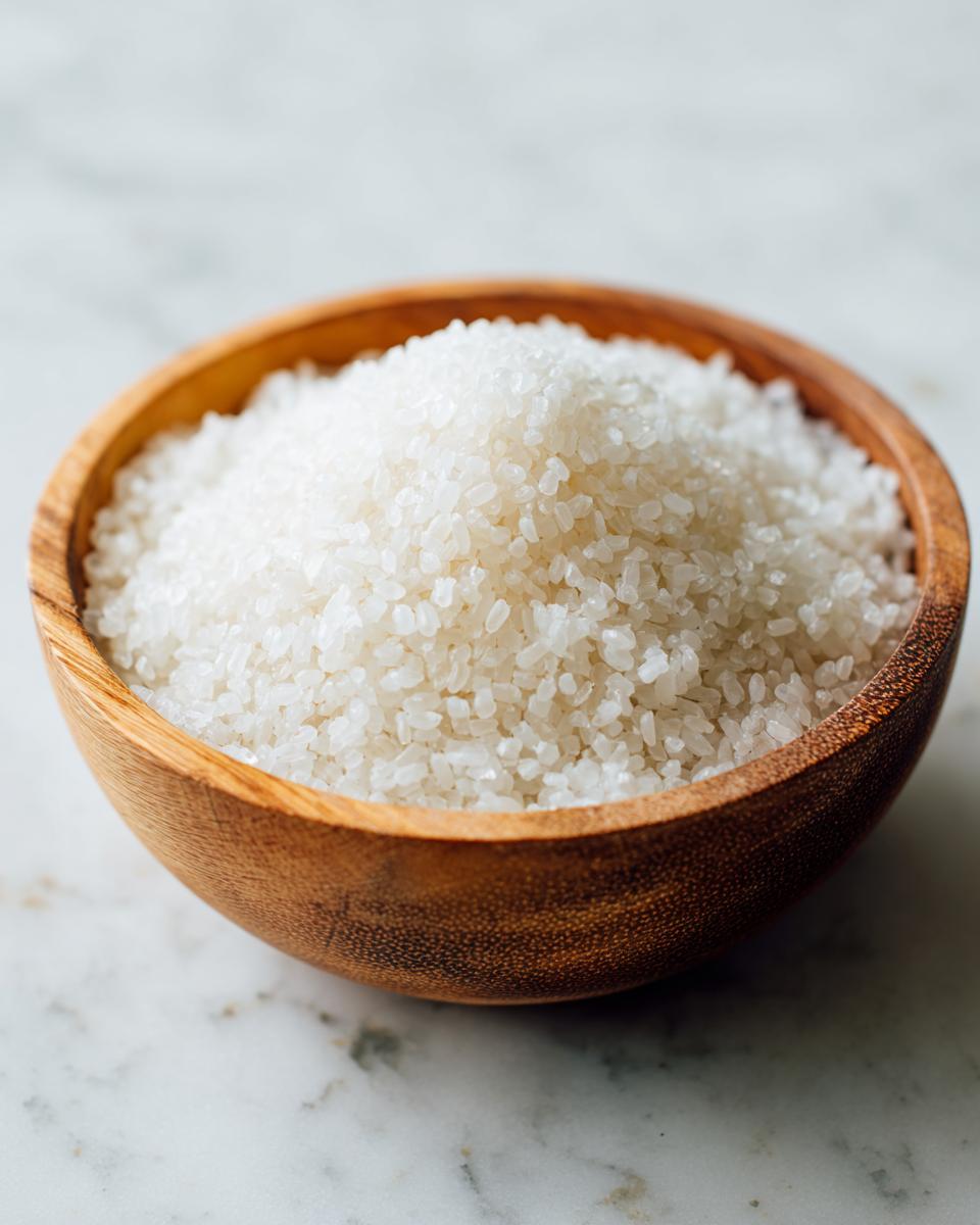 Close-up of uncooked, short-grain white rice, ideal for making sushi rice, in a small wooden bowl.