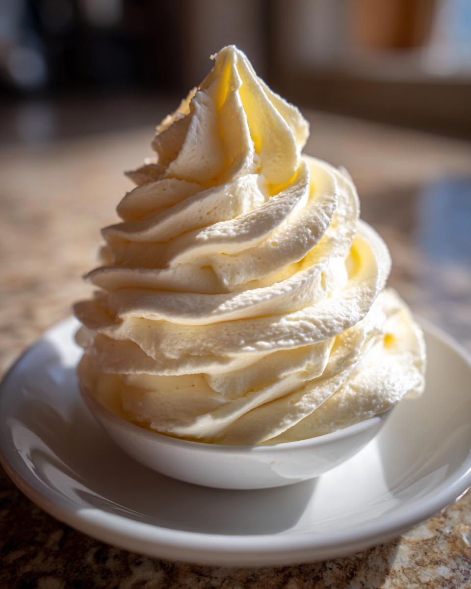 Close-up of a tall, perfectly piped swirl of creamy vanilla buttercream frosting in a small white bowl.