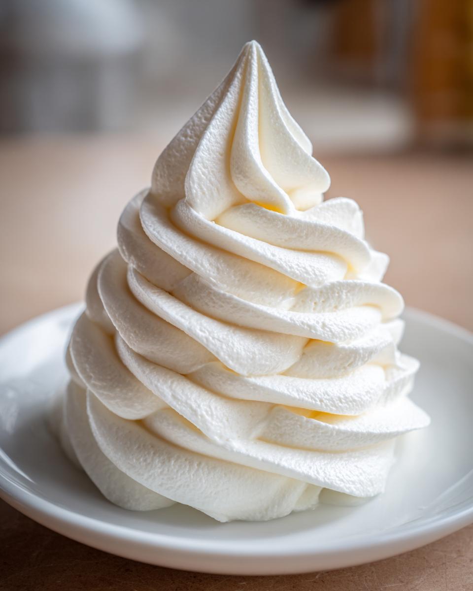 Close-up of a tall, perfectly piped swirl of white vanilla buttercream frosting on a small white plate.