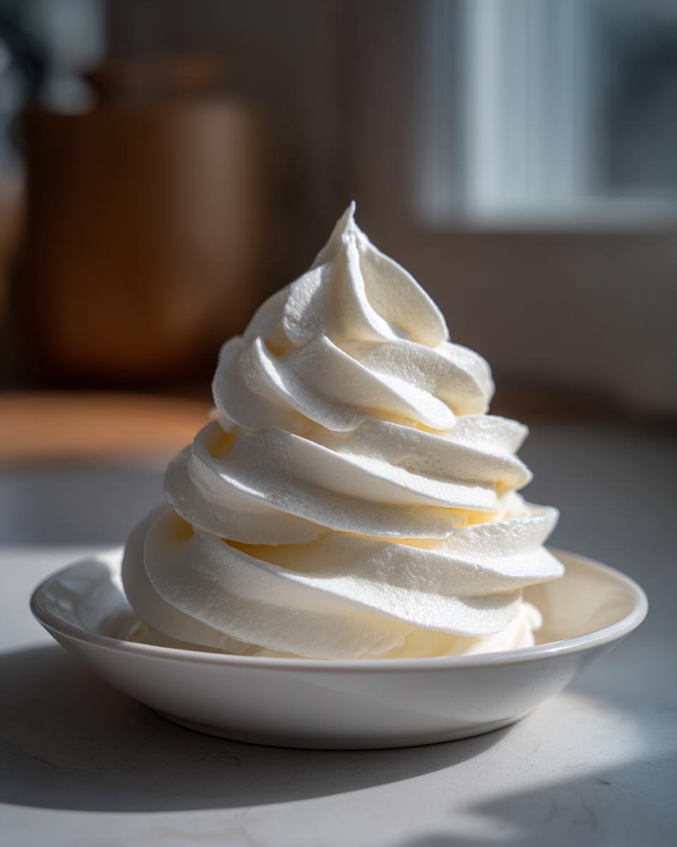 A tall, perfectly piped swirl of creamy vanilla buttercream frosting in a small white bowl.
