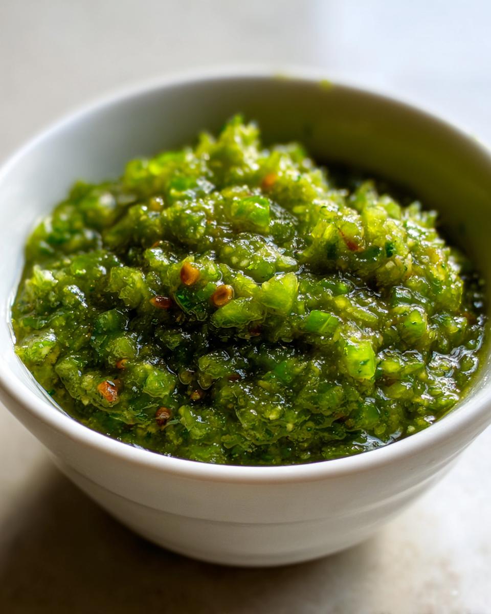 Close-up of chunky, bright green tomato salsa texture served in a small white bowl.