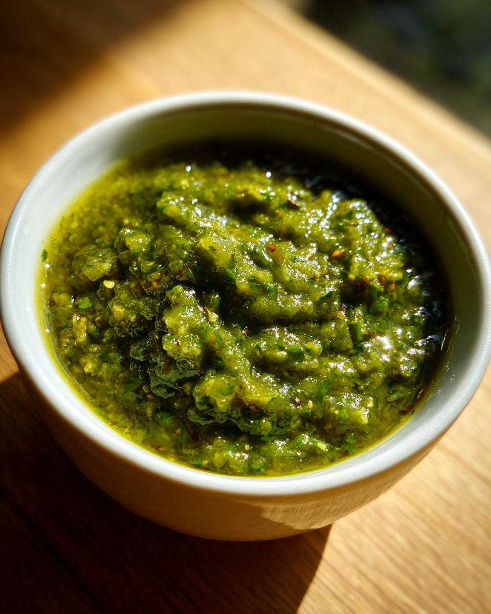 Close-up of vibrant, chunky green tomato salsa glistening with oil in a small white bowl.