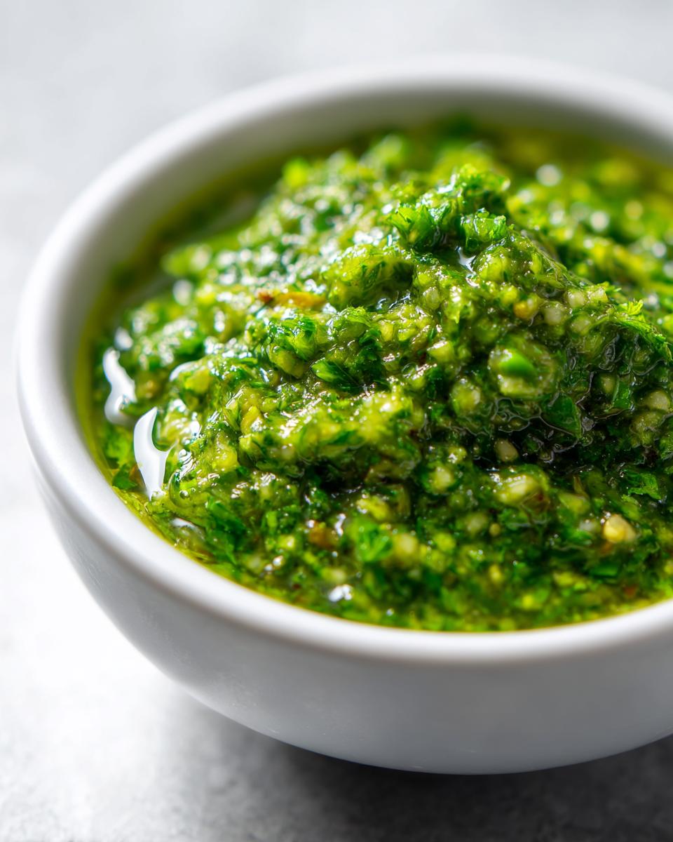 Close-up of vibrant, chunky green tomato salsa, rich in herbs and oil, served in a small white bowl.