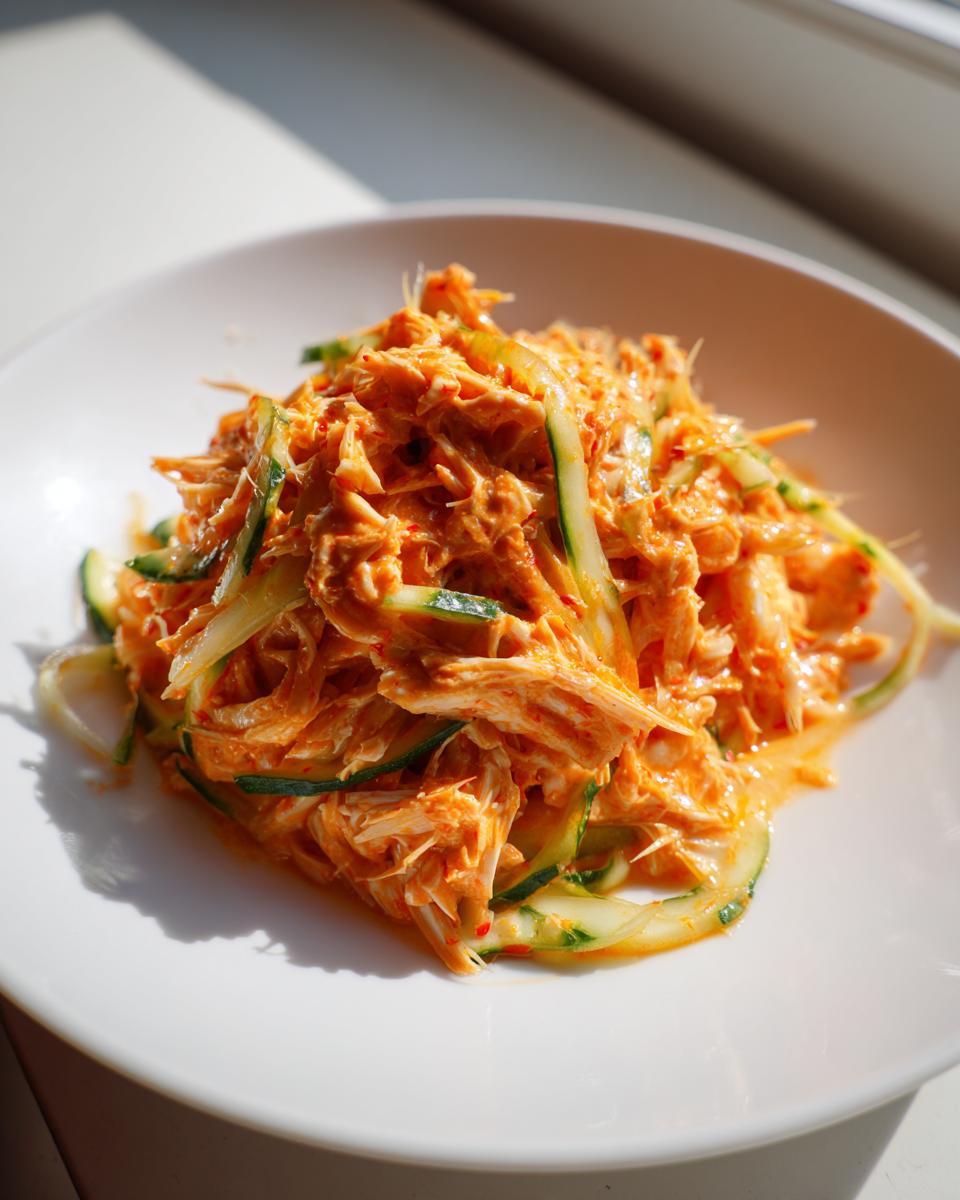 A close-up of a vibrant, orange-hued kani salad mixed with thin strips of cucumber on a white plate.
