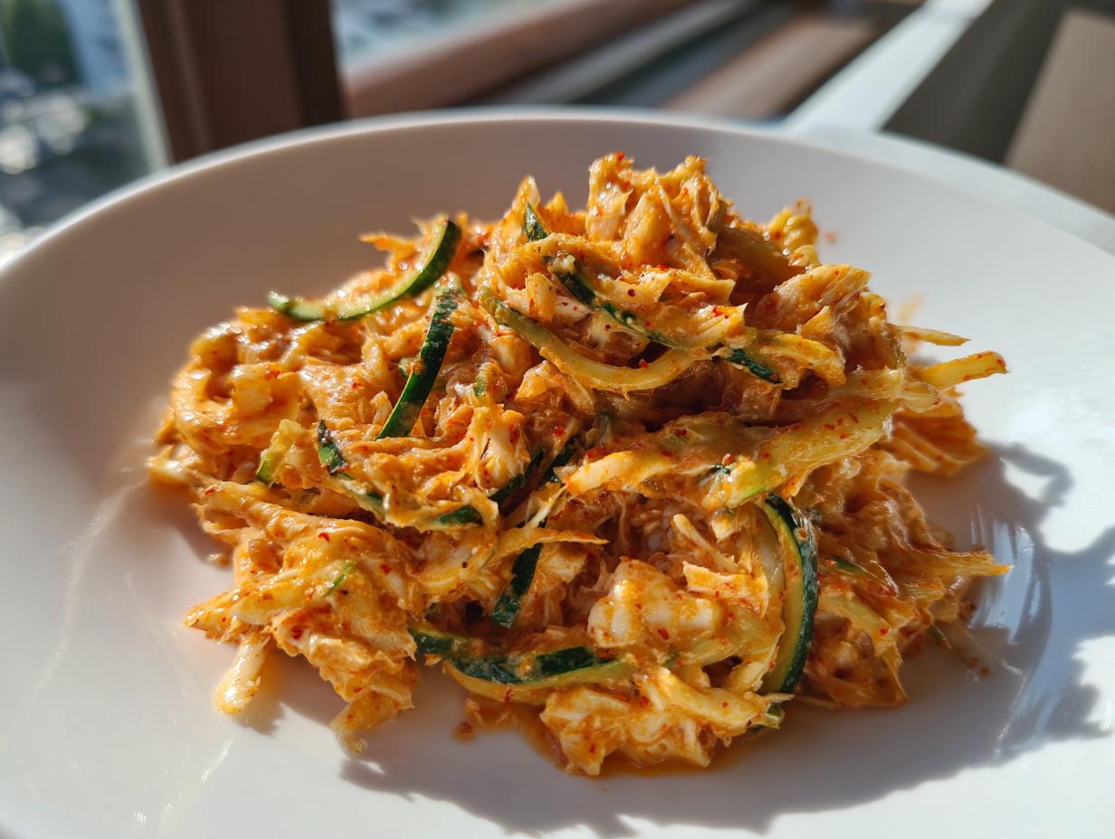 Close-up of a vibrant, creamy kani salad mixed with thin strips of green cucumber.
