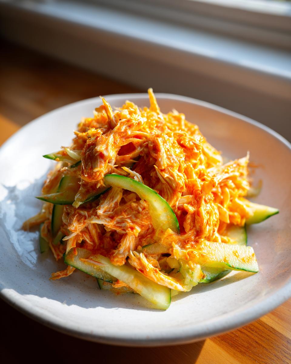 A close-up of a vibrant, orange-dressed kani salad mixed with thin slices of green cucumber on a white plate.