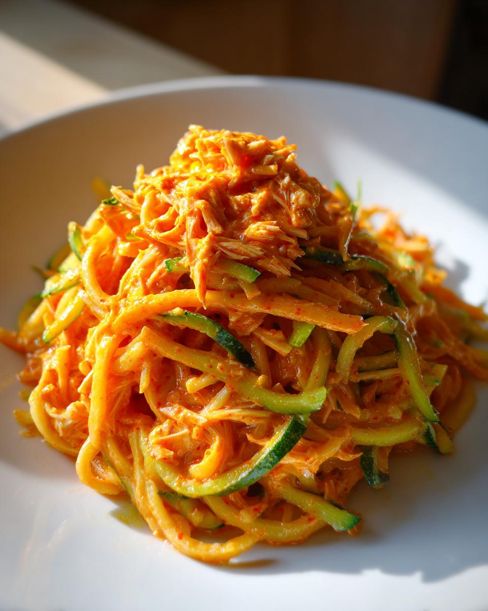 Close-up of a mound of bright orange kani salad featuring julienned vegetables and shredded imitation crab.